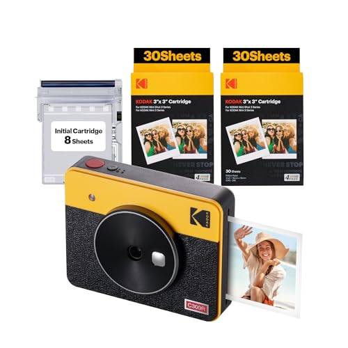 KODAK Mini Shot 3 Retro 4PASS 2-in-1 Instant Digital Camera and Photo Printer (3x3 inches) Initial 8 Sheets + 60 Sheets Cartridge Bundle, Yellow