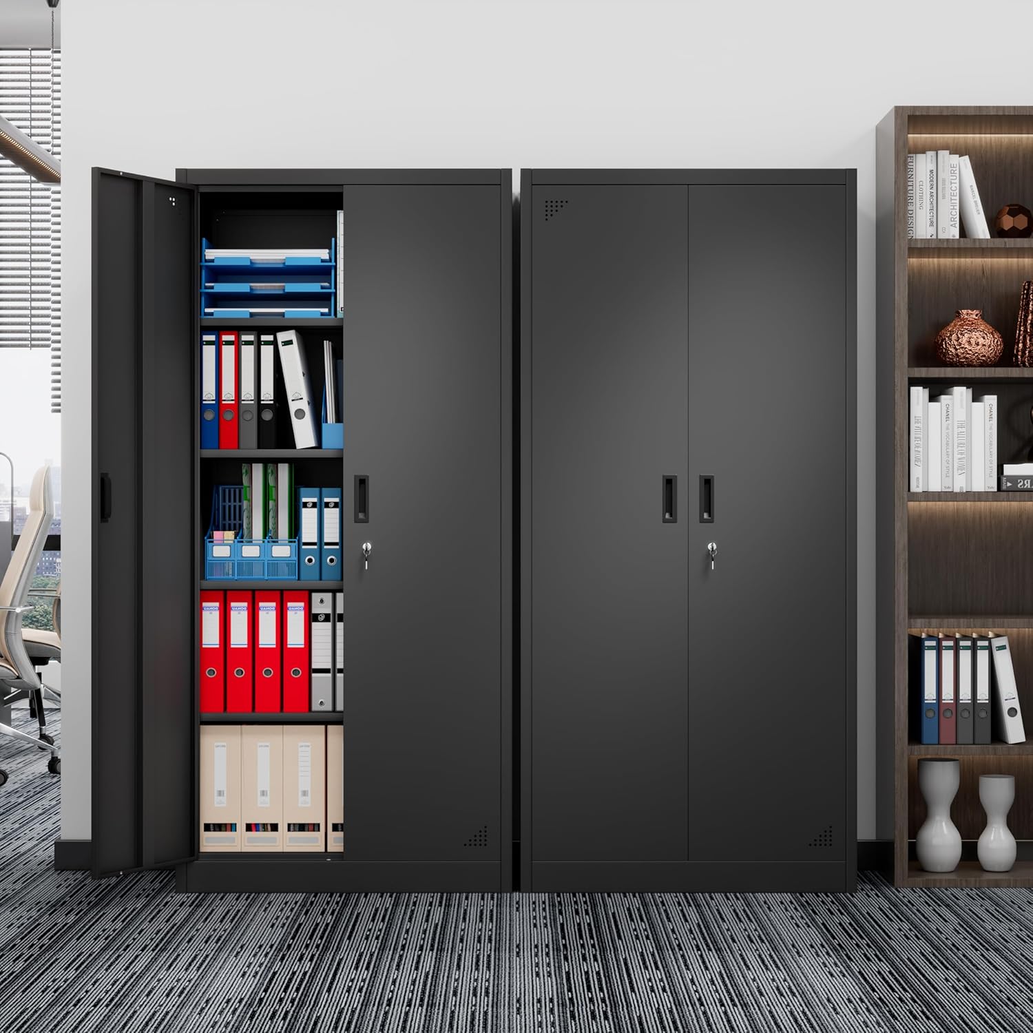 71''metal storage cabinets，large garage storage cabinet，storage cabinet with lock,black steel storage cabinet