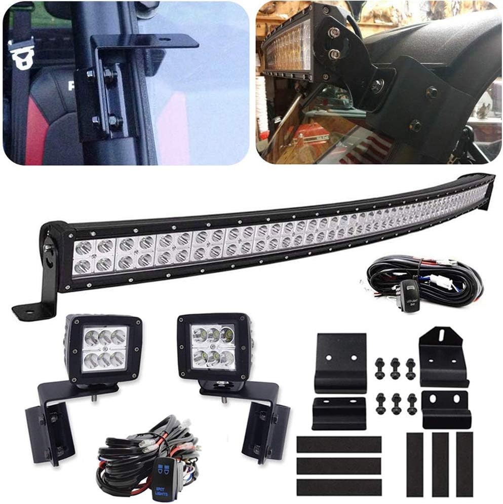 WeiSen LED Light Bar Mount Windshield Kit 50 288W Curved Front Pillar Side 2x 18W 3 Cube Lights Brackets w/ 2x Wiring Kit Full Size Pro-Fit Cage