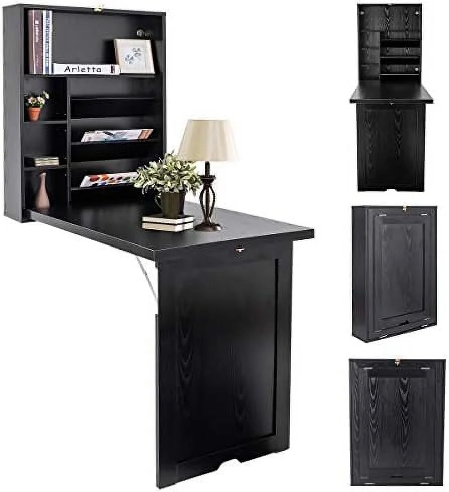 NLIBOOMLife Folding Wall Mounted Desk  Fold Down Desk with  Shelves  Wood Convertible Desk for Small Spaces  Murphy Desk Wall Mount  Floating Desk