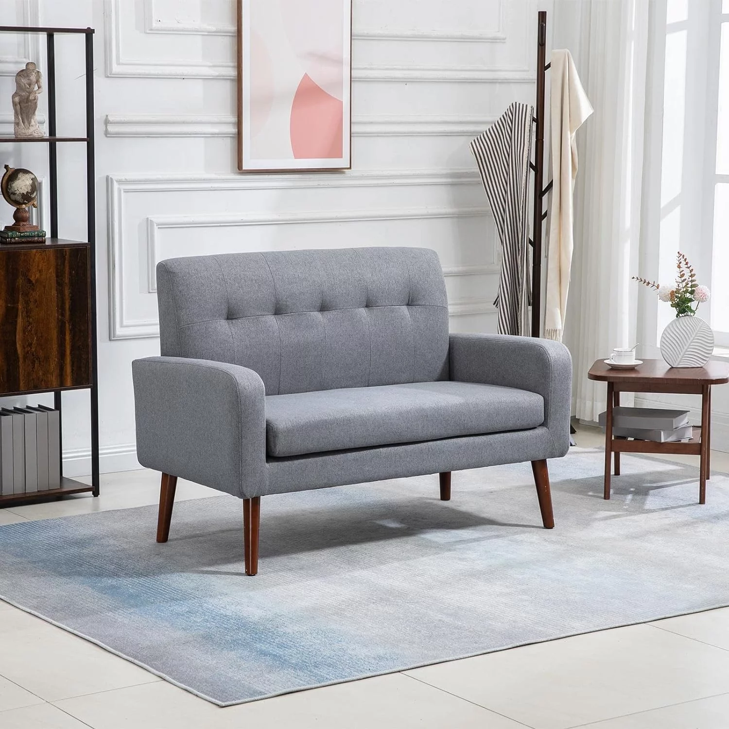 Modern Fabric Loveseat Sofa,Office Couch For Small Space, Living Room Soft Futon,Small Couch For Bedroom (Grey) (M-6655)