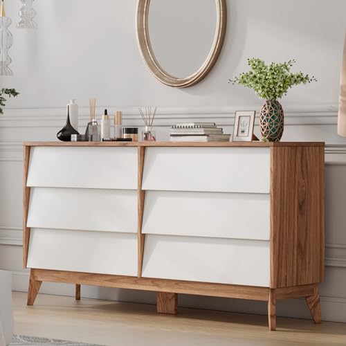 AMERLIFE 6 Drawer Dresser for Bedroom, 60" Mid-Century Wood Storage Closet Chest of Beveled Drawers, Modern TV Stand Dressers Organizer for Bedroom