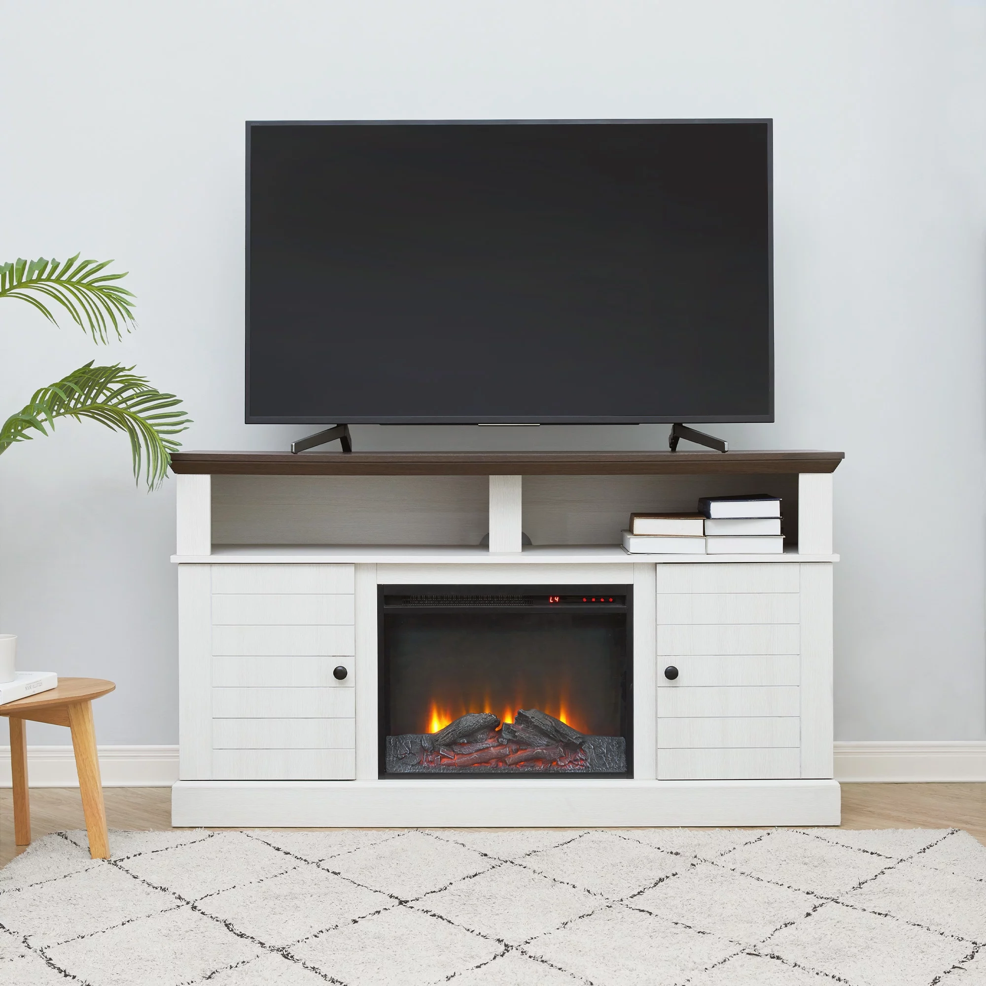 Teamson Home Eliana 60" TV Console Stand for TVs up to 65" with Electric Fireplace, Dark Oak/White