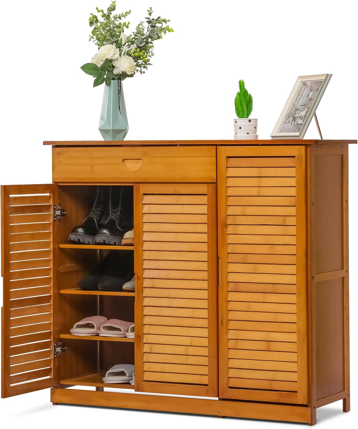Magshion 4 Tier Bamboo Shoe Storage Cabinet with Drawer & Shutter Door