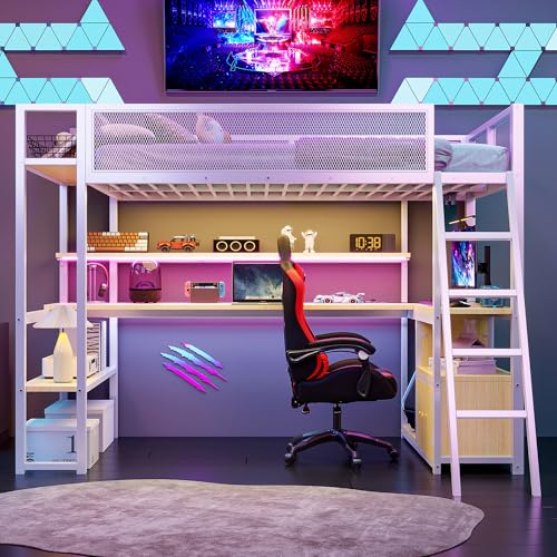 Full Size Loft Bed with Desk and Stairs,Metal Gaming Loft Bed Full with Wardrobe and Shelf, High Loft Bed with LED & USB Charging Station for Teens
