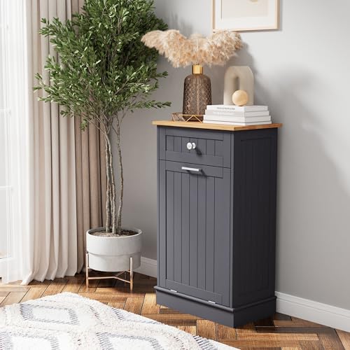 Tilt Out Trash Cabinet Kitchen Trash Can Holder Recycling Cabinet Laundry Hamper with Hideaway Drawer Wooden Bamboo Cutting Board with Added