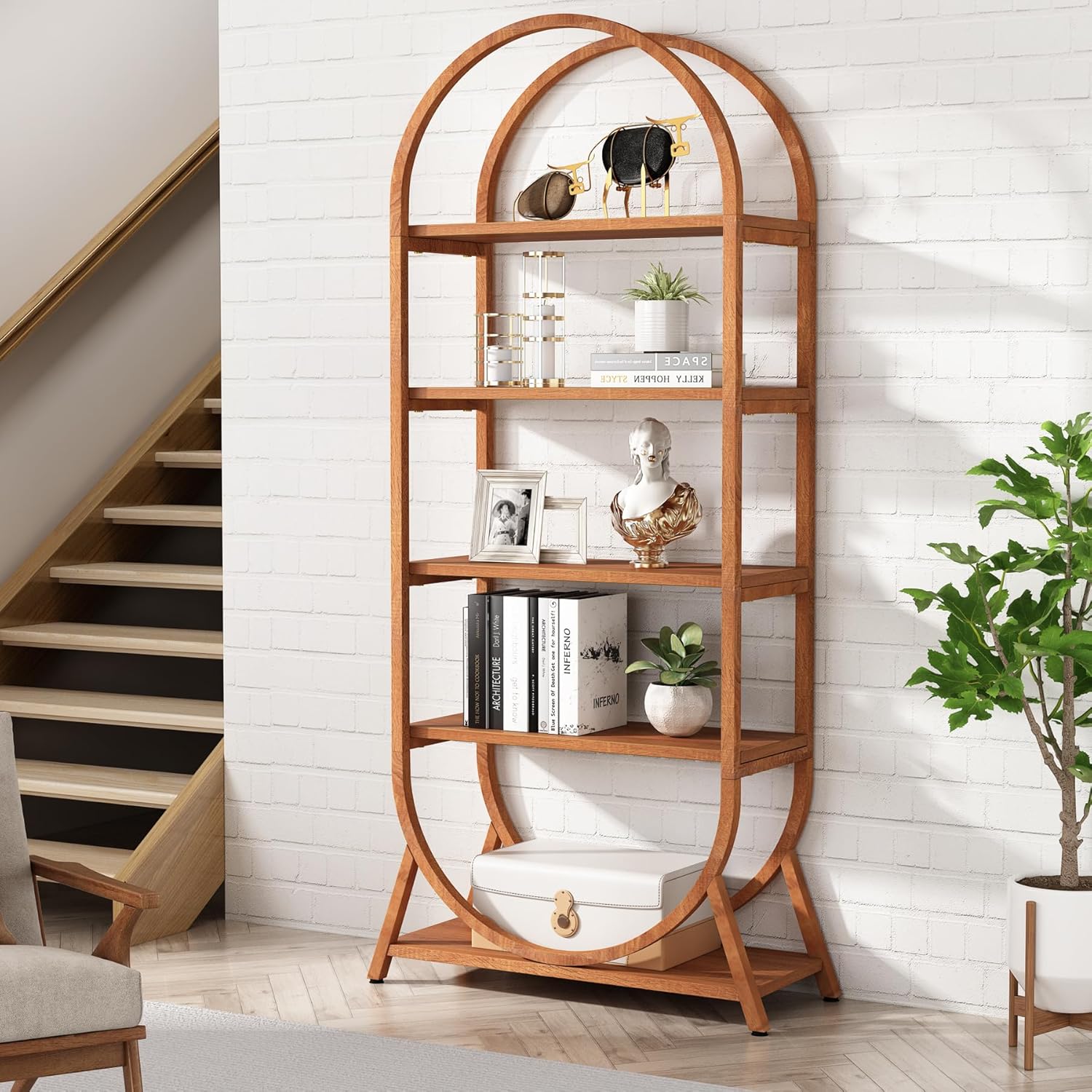 Tribesigns 5-Tier Open Bookshelf, 70.8" Tall Arched Bookcase, Modern Brown Storage Bookshelves, Freestanding Display Rack Shelving Unit for Office