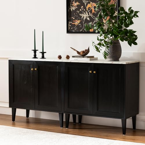 Black Storage Cabinet, Sideboard Buffet Cabinet Modern Accent Cabinet with Faux Marble Top & Adjustable Shelves, Wooden Credenza