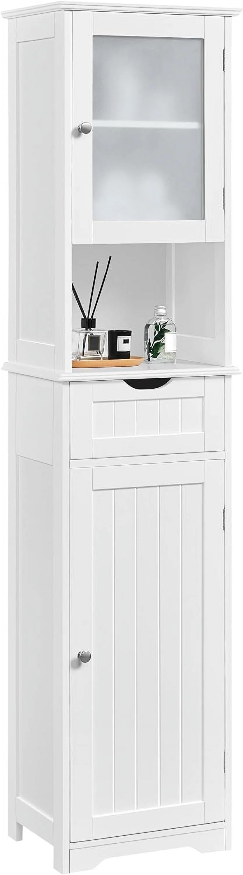 Tall Bathroom Storage Cabinet 67″, Wooden Floor Cabinet with Glass Door, Freestanding Storage Organizer with Adjustable Shelves
