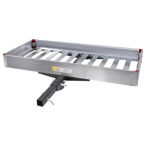 MaxxHaul 50149 500-lb Capacity 50 inch x 22 inch Hitch Mount Premium Folding Aluminum Cargo Carrier Rack Basket with High Side Rails and Reflector