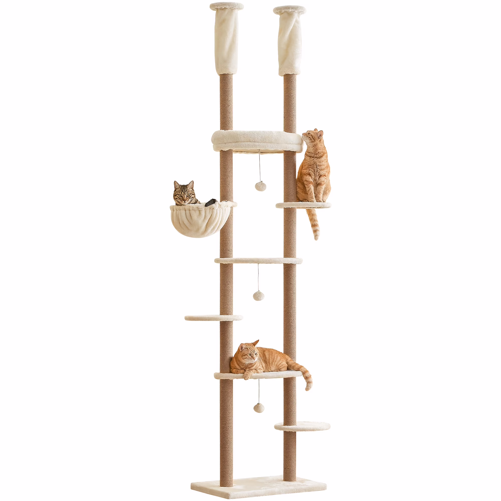 Furcato 92.1"-101.6" Adjustable Height Cat Tree, Floor to Ceiling Cat Tower, 7 Tiers Cat Climbing Tree with Hammock