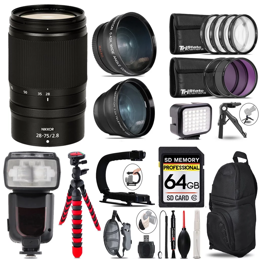 Nikon NIKKOR Z 28-75mm f/2.8 Lens + Pro Flash + LED Light + Tripod - 64GB Accessory Bundle - Curated Treasures Market