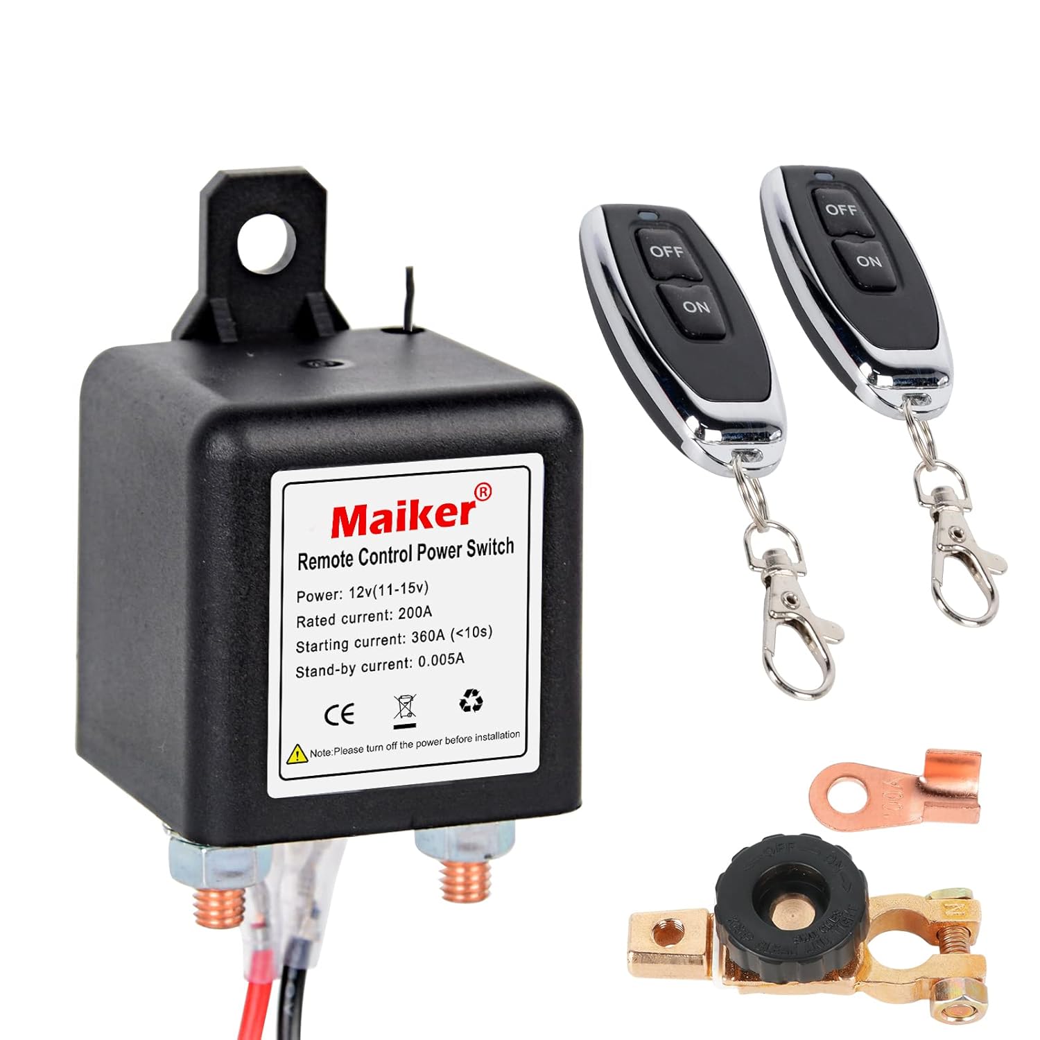 MAIKER Wireless Remote Control Battery Disconnect Switch Kill Switch for Car with 2 Keys Upgraded DC12V 200A Anti-Theft Prevent Battery Drain