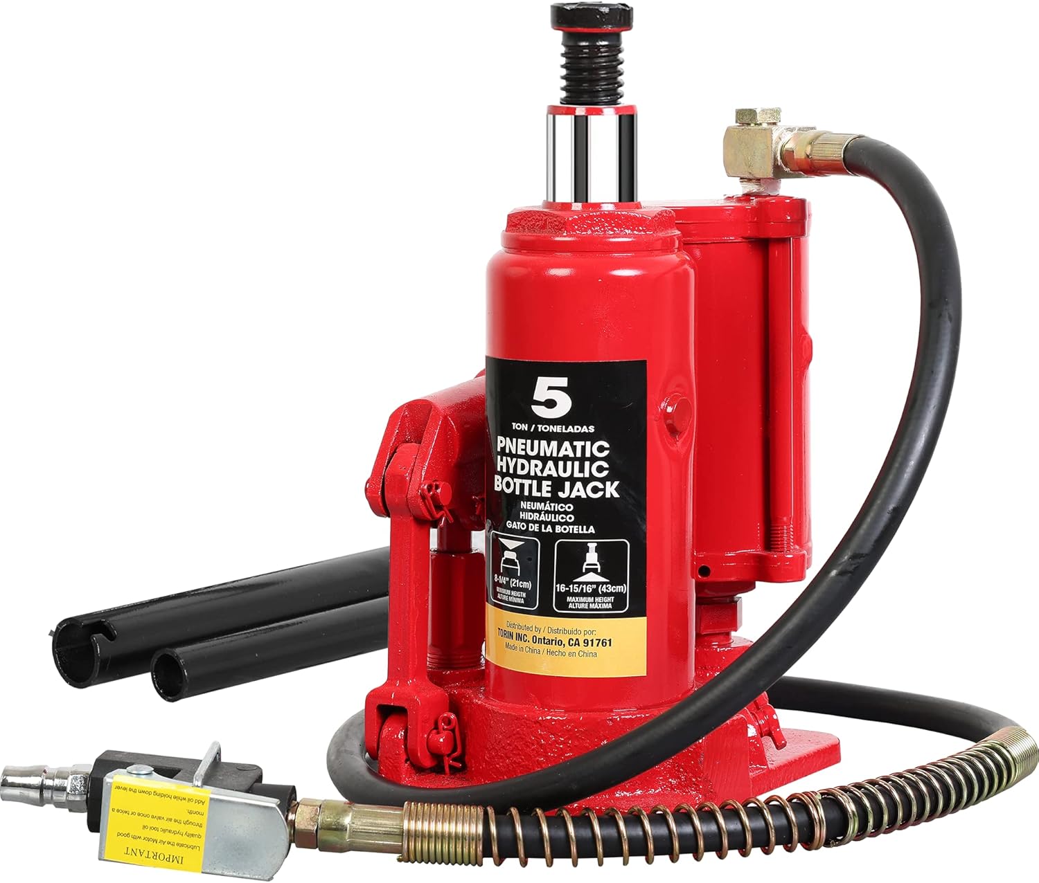 BIG RED 5 Ton (10,000 LBs) Torin Pneumatic Air Bottle Jack with Manual Hand Pump, ATRQ05002R, Red