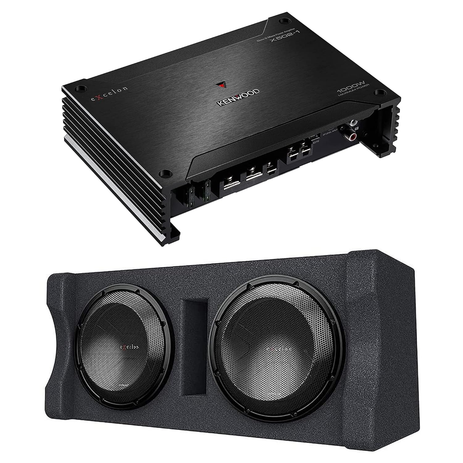 KENWOOD X502-1 eXcelon 500-Watt @ 2 Ohms Class D Subwoofer Amplifier | Plus KENWOOD Excelon P-XW1221D Ported 2-ohm Dual Loaded Enclosure with Two 12"
