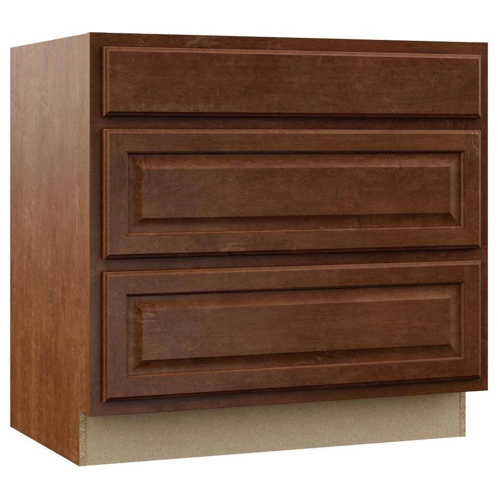 Hampton Bay Hampton Assembled 36x34.5x24 in. Pots and Pans Drawer Base Kitchen Cabinet in Cognac, Red
