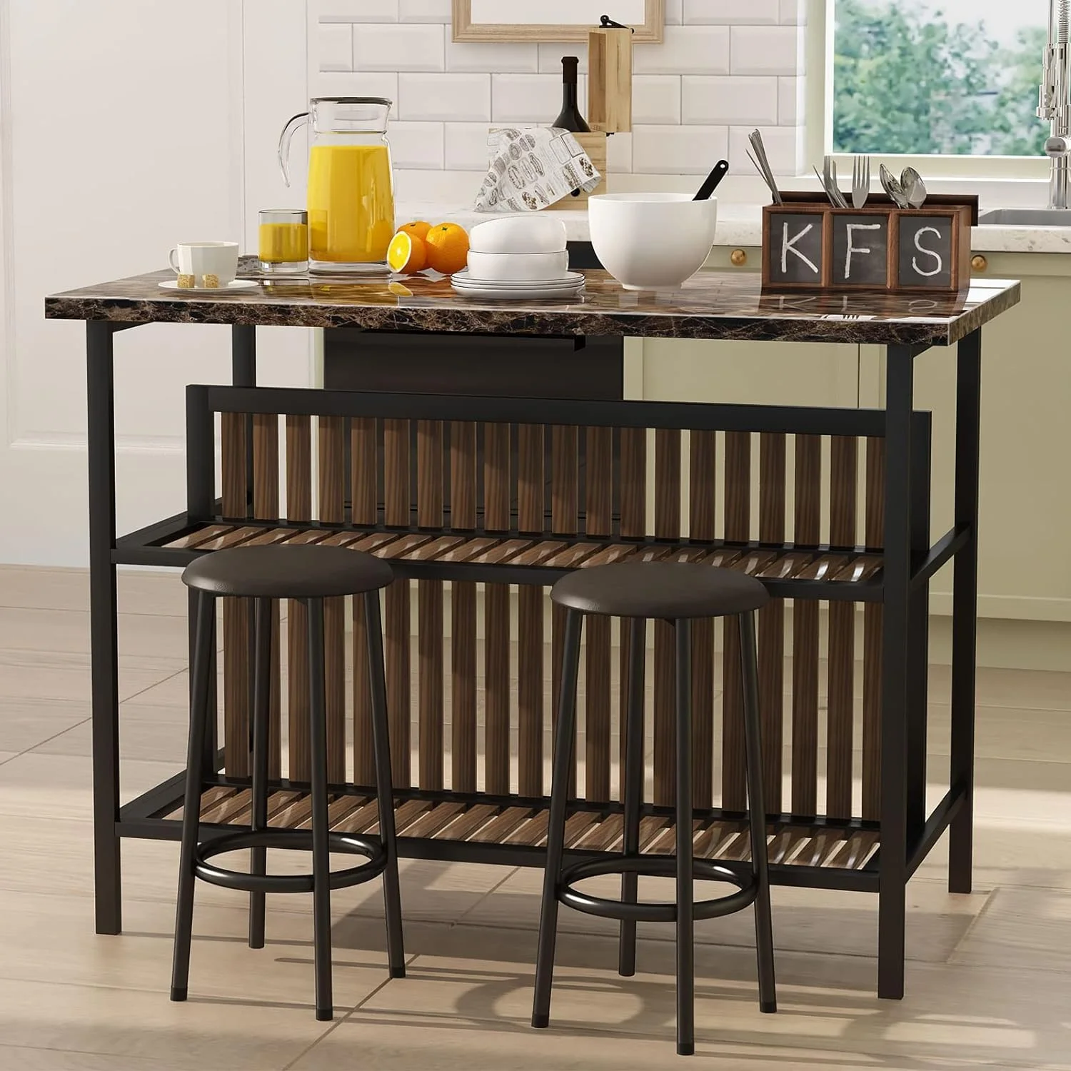 tantohom 3-Piece Home Bar Dining Table Set, 47 inch Bar Height Table and Chairs with Top Artificial Marble and 2-Layer Storage Shelf