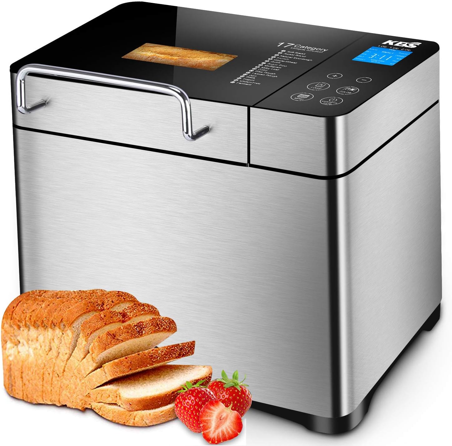 KBS Pro Stainless Steel Bread Machine, 2LB 17-in-1 Programmable XL Bread Maker with Fruit Nut Dispenser, Nonstick Ceramic Pan& Digital Touch Panel