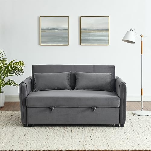 3-in-1 Versatile Convertible Sofa Bed, Velvet Double Sofa with Pull-out Bed, Futon Couch with Adjustable Backrest and Side Pocket,Loveseats Sofa Bed