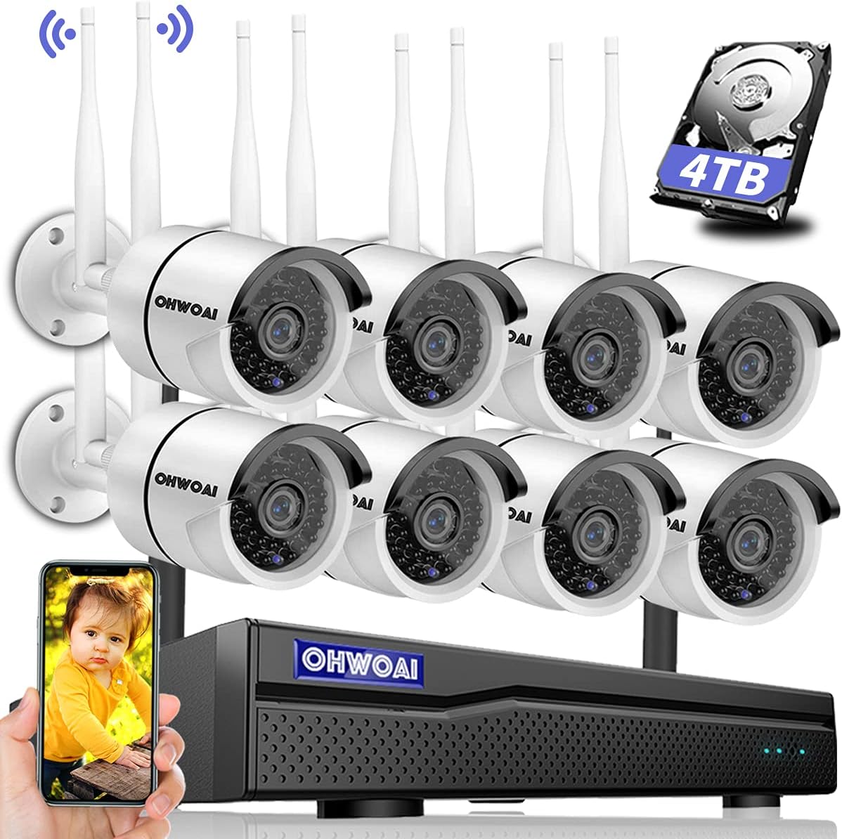【2021 New】 Security Camera System Wireless, 4TB Hard Drive Pre-Install 8 Channel 1080P NVR, 8PCS 1080P 2.0MP CCTV WI-FI IP Cameras for Homes