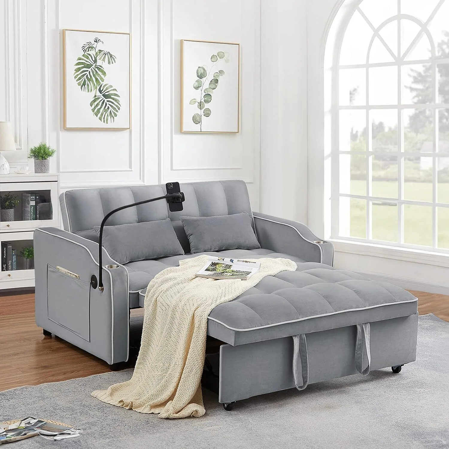 Convertible Sofa Bed with Pull Out Bed - 55" Tufted Velvet Loveseat Sleeper Sofa Adjustable Back with USB Port Ashtray Swivel Phone Stand