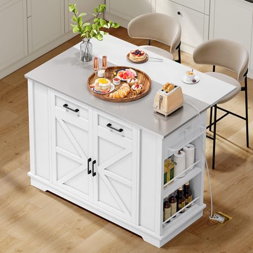YITAHOME Kitchen Island with Stainless Steel Top & Drop Leaf, 47 Inch Kitchen Island on Wheels with Power Outlet