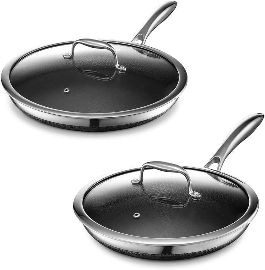 HexClad 4 Piece Hybrid Stainless Steel Cookware Set - 10 Inch Frying Pan with Lid and 12 Inch Frying Pan with Lid, Stay Cool Handle
