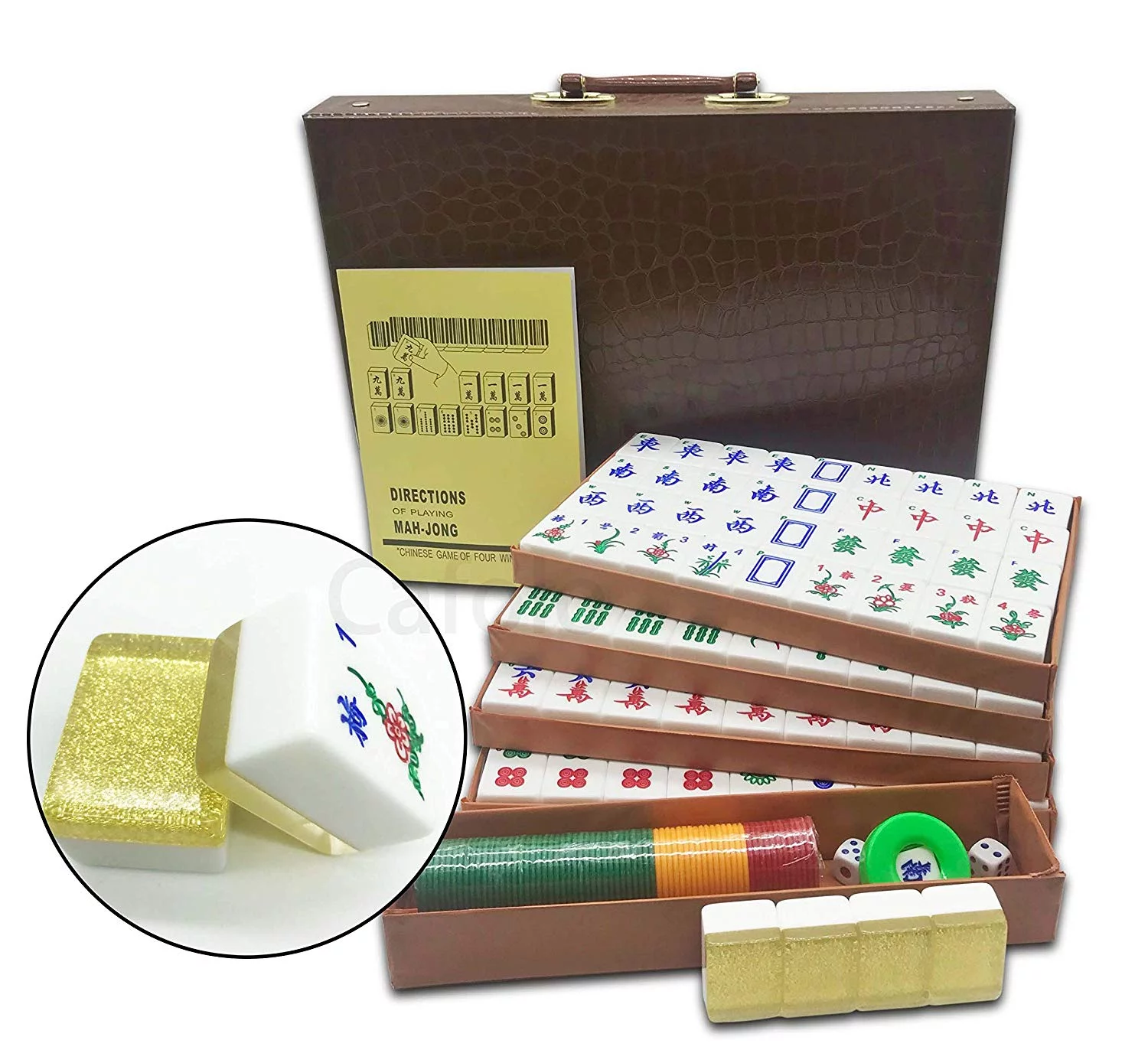 New Chinese Mahjong X-Large 144 Numbered Acrylic Tiles 1.5" Large Gold Tile with Carrying Travel Case Pro Complete Mahjong Game Set - (Mah Jong