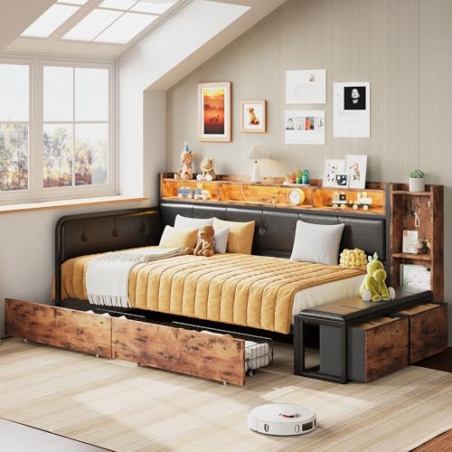 ANCTOR Corner Bed Frame, Twin Daybed with 2 Drawers & Charging Station, Platform Bed Frame Bookcase Headboard for Living Room, Bedroom and Guest Room
