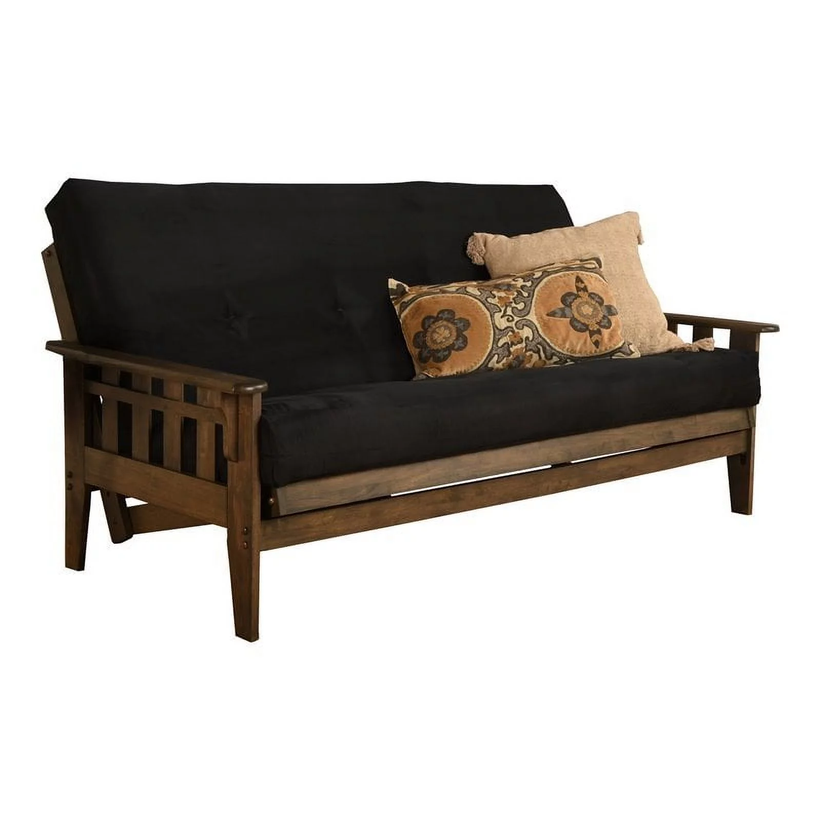 Pemberly Row Queen Futon with Faux Leather Mattress in Saddle Brown