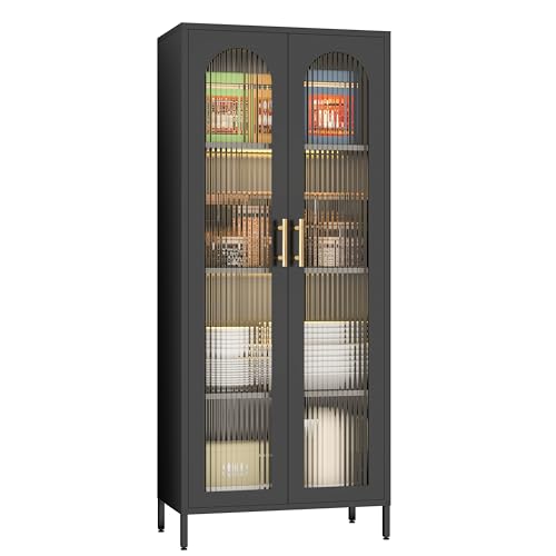 Metal Storage Cabinet, 65” Kitchen Pantry Cabinet with Glass Doors and 3 Adjustable Shelves, Display Curio Cabinet with 2 LED Lights