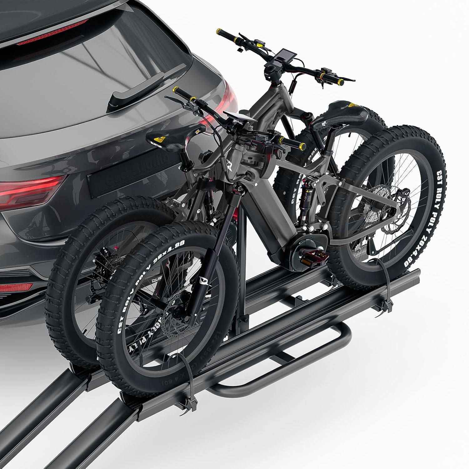 2 EBike Rack with Ramp, up to 5" Fat Tire Carrier, Lockable & Foldable Bike Racks, 200 LBS Capacity Electric Bicycles Racks Platform for Standard
