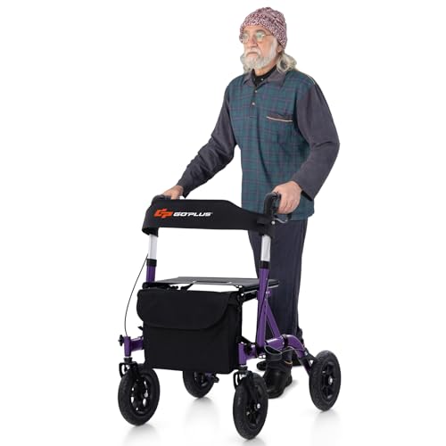 Goplus Rollator Walkers for Seniors with Seat, Foldable Rolling Walker with 9.5” All Terrain Pneumatic Wheel, Supports up to 350 lbs