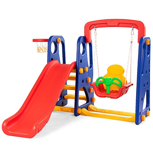 Costzon Toddler Long Slide Set, 3-in-1 Large Climber Playset w/Basketball Hoop, Stairs, Thickened Panel