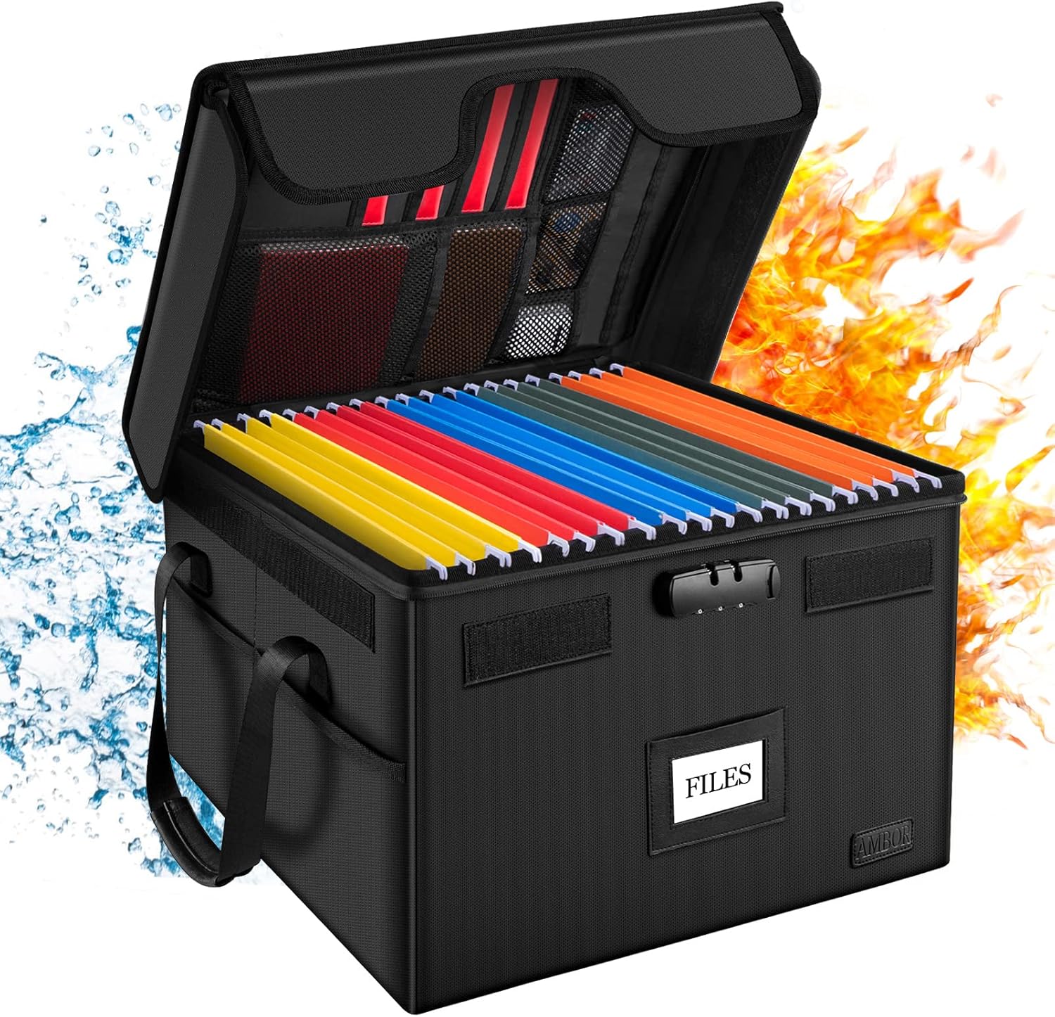 File Box with Lock, AMBOR Fireproof Document Box with 5 Tabs & Inserts