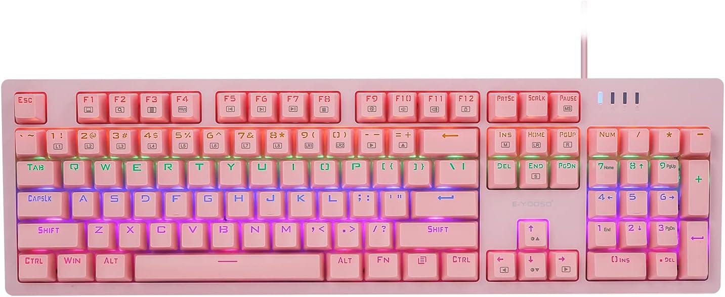 Mechanical Keyboard Red Switches 104 Keys, E-YOOSO K-682 Gaming Keyboard Rainbow LED Backlit and RGB Side Light Pack of 2