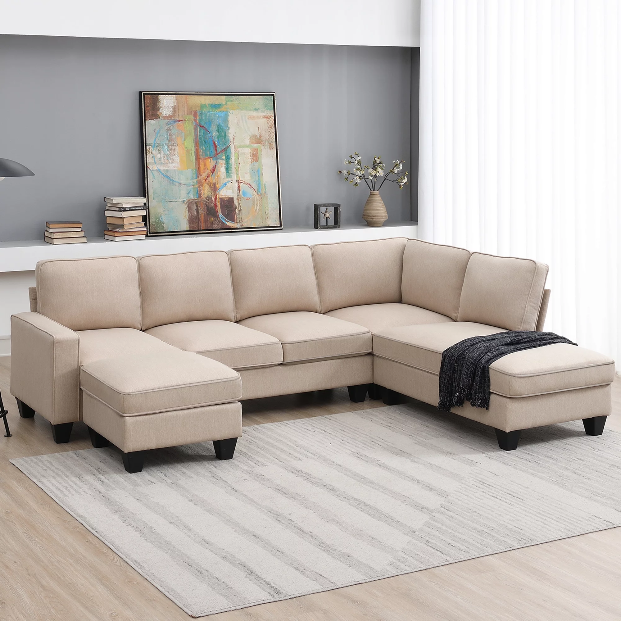Modern L Shaped Sectional Sofa, 7 Seater Linen Modular Couch with Chaise Lounge and Convertible Ottoman for Living Room Office - Radiant Selections