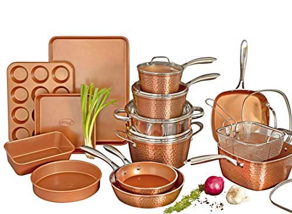 Gotham Steel Hammered Copper Collection &ndash; 20 Piece Premium Cookware & Bakeware Set with Nonstick Copper Coating, Includes Skillets, Stock Pots