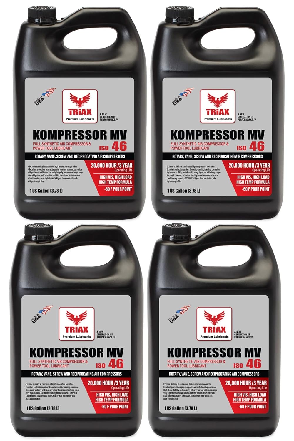 Triax Kompressor MV ISO 46, Multi Vis, Full Synthetic Air Compressor Oil, Rotary, Vane, Screw, Reciprocal, High Temp, 20,000 Hour Life (4 Gallon Pack)