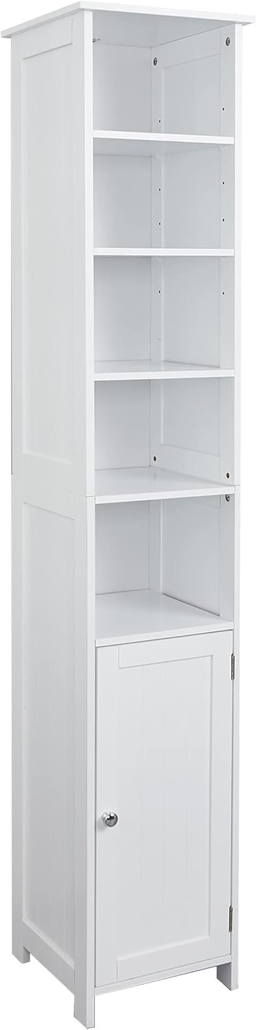 Grsolul Bathroom Storage Cabinet with 5 Tier Shelves and Door, Freestanding Tall Slim Cabinet with Adjustable Shelves and Anti-tip Hardware(White)