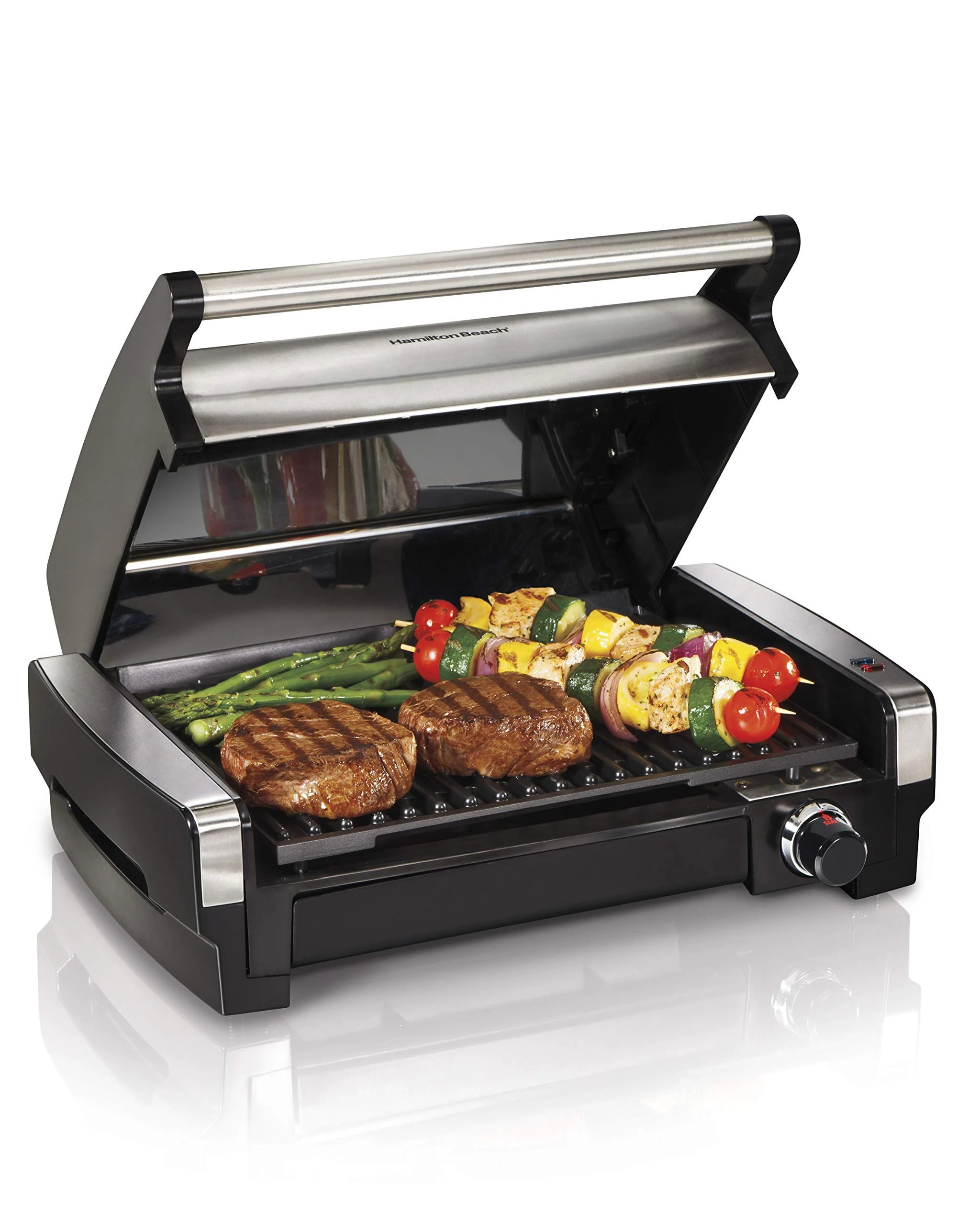 Hamilton Beach Electric Indoor Searing Grill with Adjustable Temperature Control to 450F, Removable Nonstick Grate, 118 sq. in. Surface Serves 6