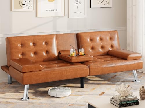 DWVO Futon Sofa Bed, Modern Folding Futon Set, Faux Leather Upholstered Modern Convertible Folding Futon Couch with Removable Armrests