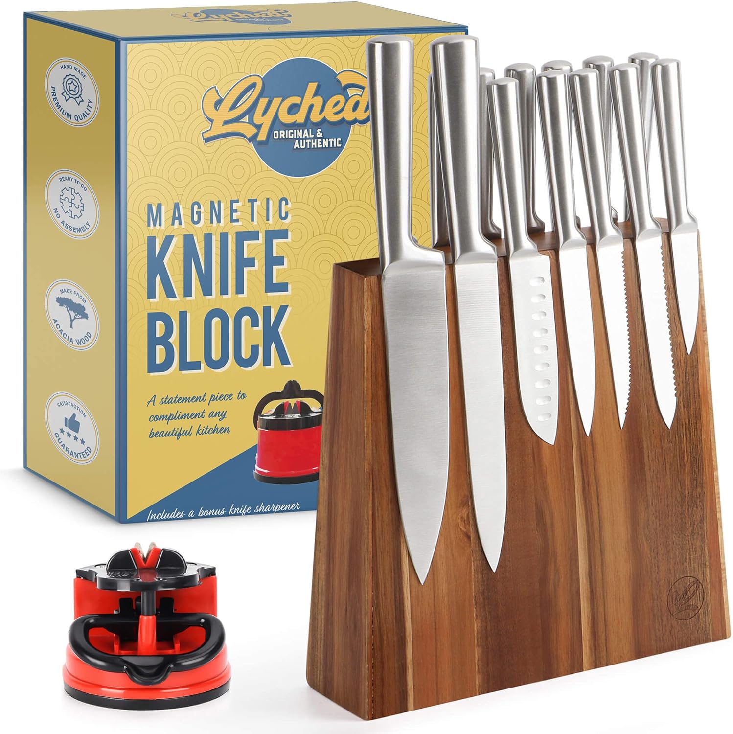 Lyched Vertical Magnetic Knife Block – Double Side Magnetic Wood Knife Holder – Magnetic Knife Stand and Knife Storage – Large Cleaver Holder with