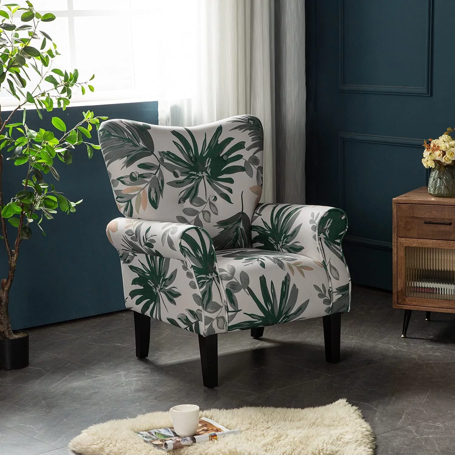 Erommy Wing back Arm Chair, Upholstered Fabric High Back Chair with Wood Legs Green leaves Floral