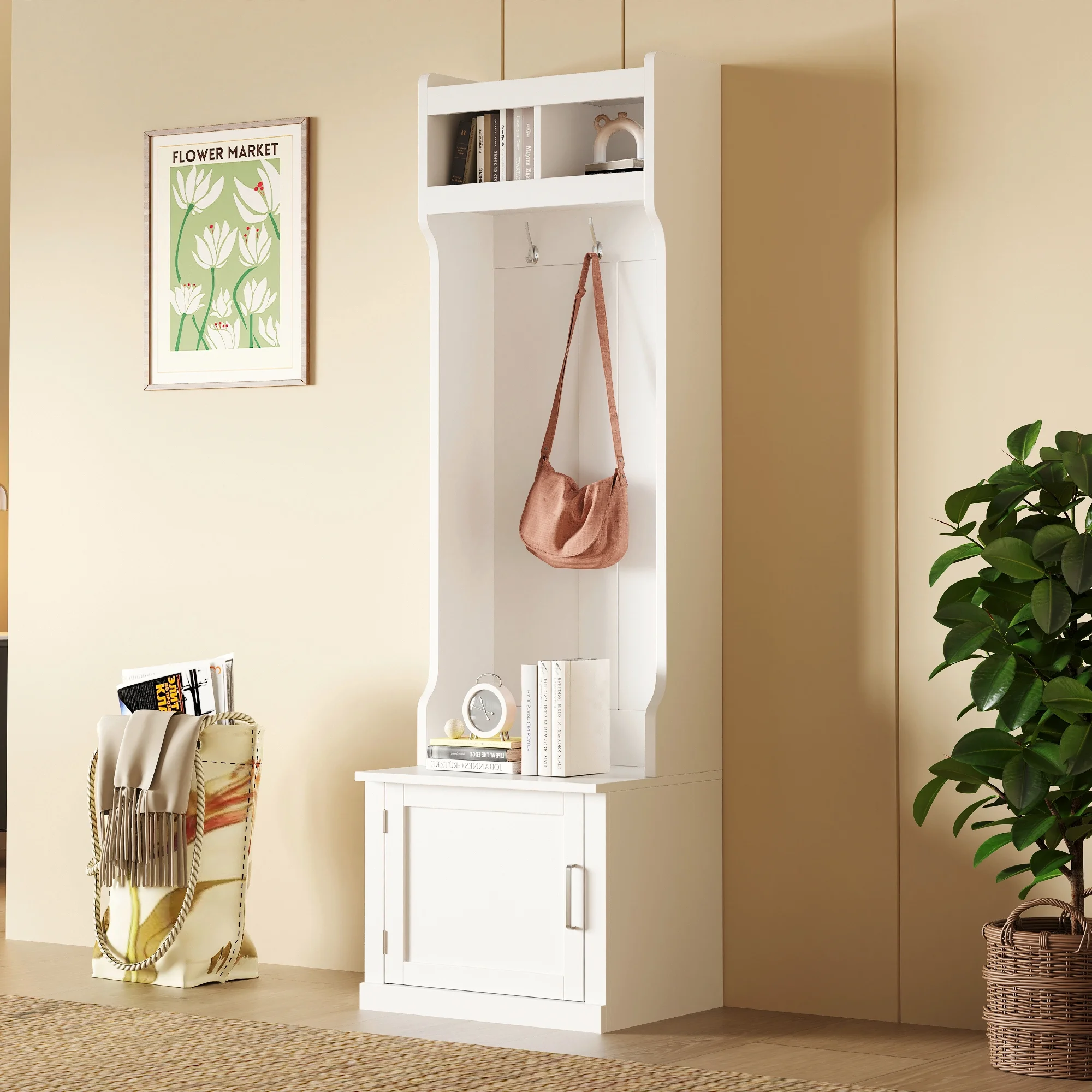 Churanty Entryway Minimalist Slim Hall with Tree Shelves 6 Hanging Hooks, Multi-Functional Storage Bench with Coat Rack