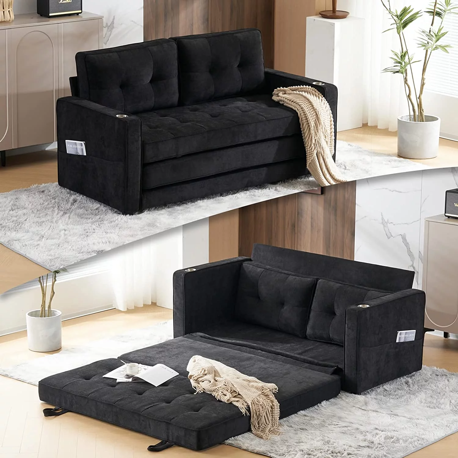 VINGLI Upgraded 64" W 84" L Full Size Futon Sofa Bed, 6" Thick Upholstery Chenille Loveseat Sofa Sleeper Pull Out Couch
