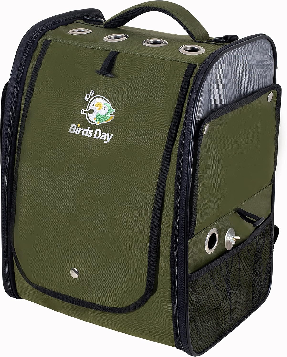 Birds Day Bird Carrier Backpack-Parrot Travel Cage with Perch and Feeding Cup, Stainless Steel Tray (Dark Olive Green)