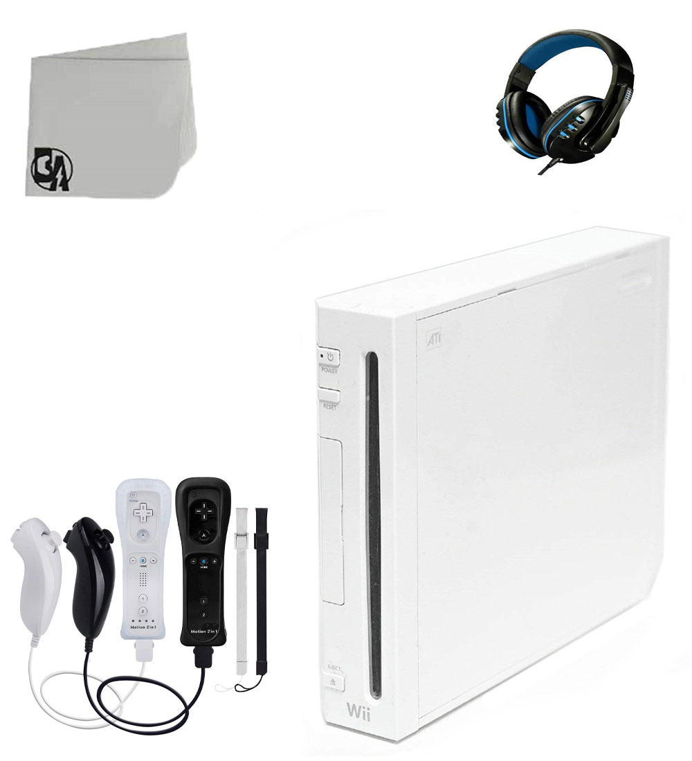 Nintendo Wii White Gaming Console With 2 Black&White Gaming Controller + Head Set BOLT AXTION Bundle Like New