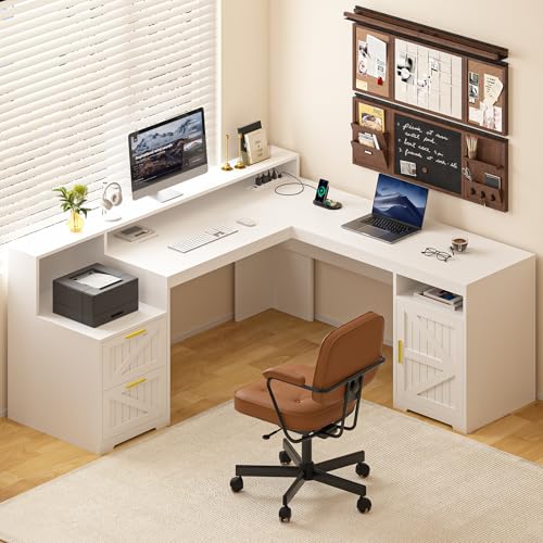 63" Farmhouse L Shaped Executive Desk with Drawers & Storage Shelf, Corner Computer Desk with Power Outlets, L Shaped Office Desk with Monitor Stand