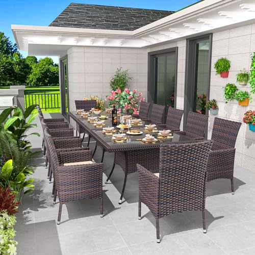 5 Piece Outdoor Dining Set,Rattan Patio Conversation Set of 4 Chairs,Patio Dining Table and Chairs w/Cushions,Square Glass Tabletop